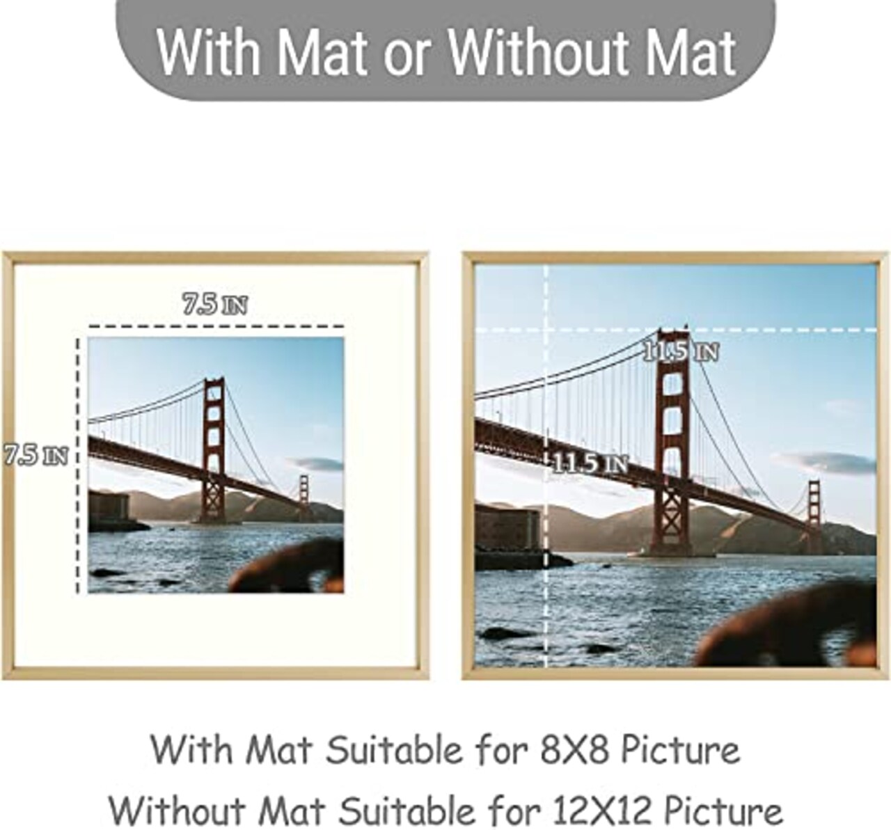 12x12 Aluminum Photo Frame with Ivory Color Mat for 8x8 Picture & Real Glass, Metal Picture Frame Collection (Gold, 1-Pack)